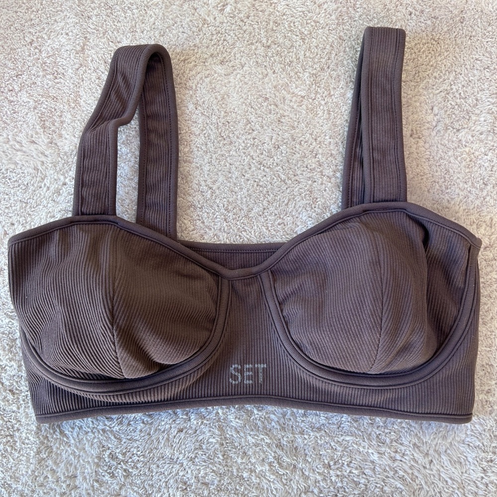 SET ACTIVE Ribbed V Bra Espresso Brown Athletic Crop Top Size M